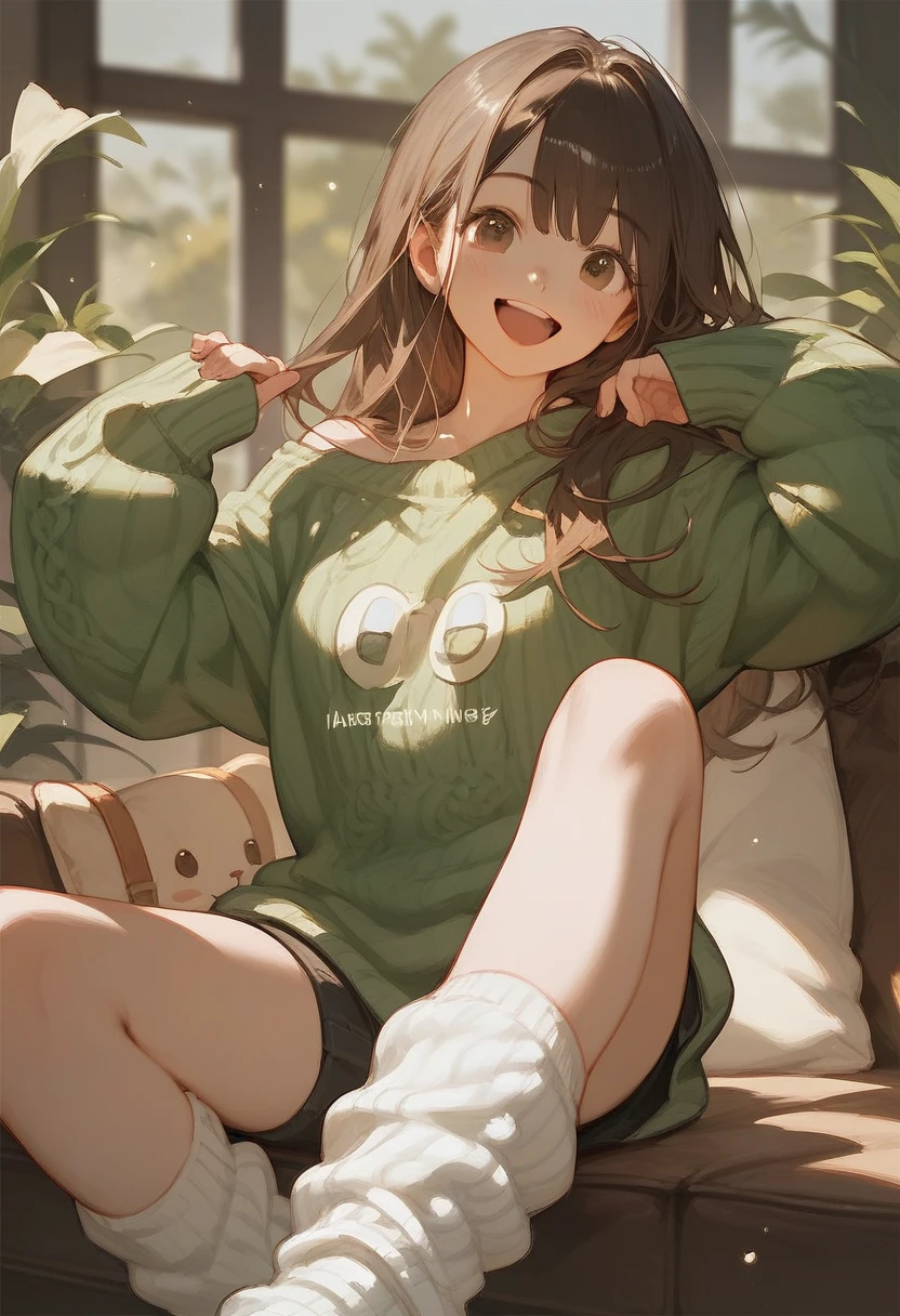 Score_9,Score_8_up,Score_7_up,highest quality,detailed,1 girl,slim,brown long straight hair,sweater,loose socks,looking Happy,Happy with me