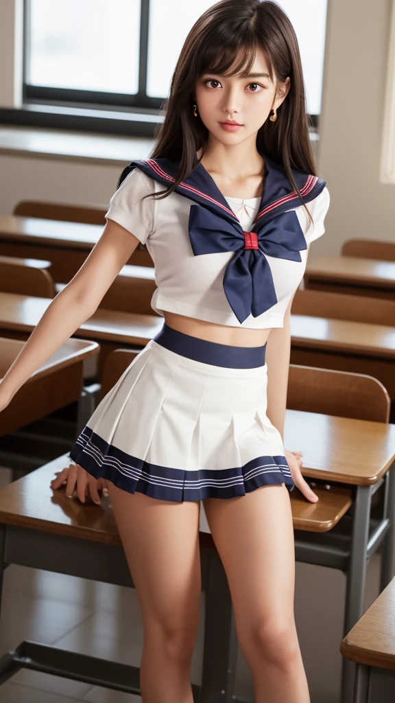 Product quality,1 girl,Cowboy Shot,(Thigh Emphasis:1.4),(Young and beautiful Japanese woman,Perfect Anatomy),(High school classroom:1.4),Sit at a desk,A small smile,((White school uniform sailor suit)),(Red ribbon tie:1.3),Deep waistline,((Sailor Moon Mini Skirt:1.5)),(Skirt flip:1.3),(White panties:1.3),Stylish earrings,Stylish necklace,Very beautiful face,Cute type,(A little round face),Baby Face,Glossy lips,Beautiful big eyes,Brown eyes,Double eyelids visible in both eyes,(Natural Makeup),Shiny smooth light brown long hair,,,,Asymmetrical bangs,Floating Hair Nova Frog Style,【Imaging Center,8k resolution,Attention to detail,Detailed hairstyle,Detailed face,Cinema Lighting,Octane Rendering,Ultra-realistic,Perfect body,Beautiful legs,Voluptuous thighs,Huge breasts,Perfect Anatomy,Spread your legs,(Provocative dynamic pose:1.3)