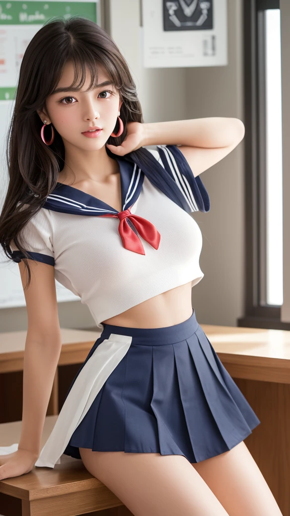 Product quality,1 girl,Cowboy Shot,(Thigh Emphasis:1.4),(Young and beautiful Japanese woman,Perfect Anatomy),(High school classroom:1.4),Sit at a desk,A small smile,((White school uniform sailor suit)),(Red ribbon tie:1.3),Deep waistline,((Sailor Moon Mini Skirt:1.5)),(Skirt flip:1.3),(White panties:1.3),Stylish earrings,Stylish necklace,Very beautiful face,Cute type,(A little round face),Baby Face,Glossy lips,Beautiful big eyes,Brown eyes,Double eyelids visible in both eyes,(Natural Makeup),Shiny smooth light brown long hair,,,,Asymmetrical bangs,Floating Hair Nova Frog Style,【Imaging Center,8k resolution,Attention to detail,Detailed hairstyle,Detailed face,Cinema Lighting,Octane Rendering,Ultra-realistic,Perfect body,Beautiful legs,Voluptuous thighs,Huge breasts,Perfect Anatomy,Spread your legs,(Provocative dynamic pose:1.3)