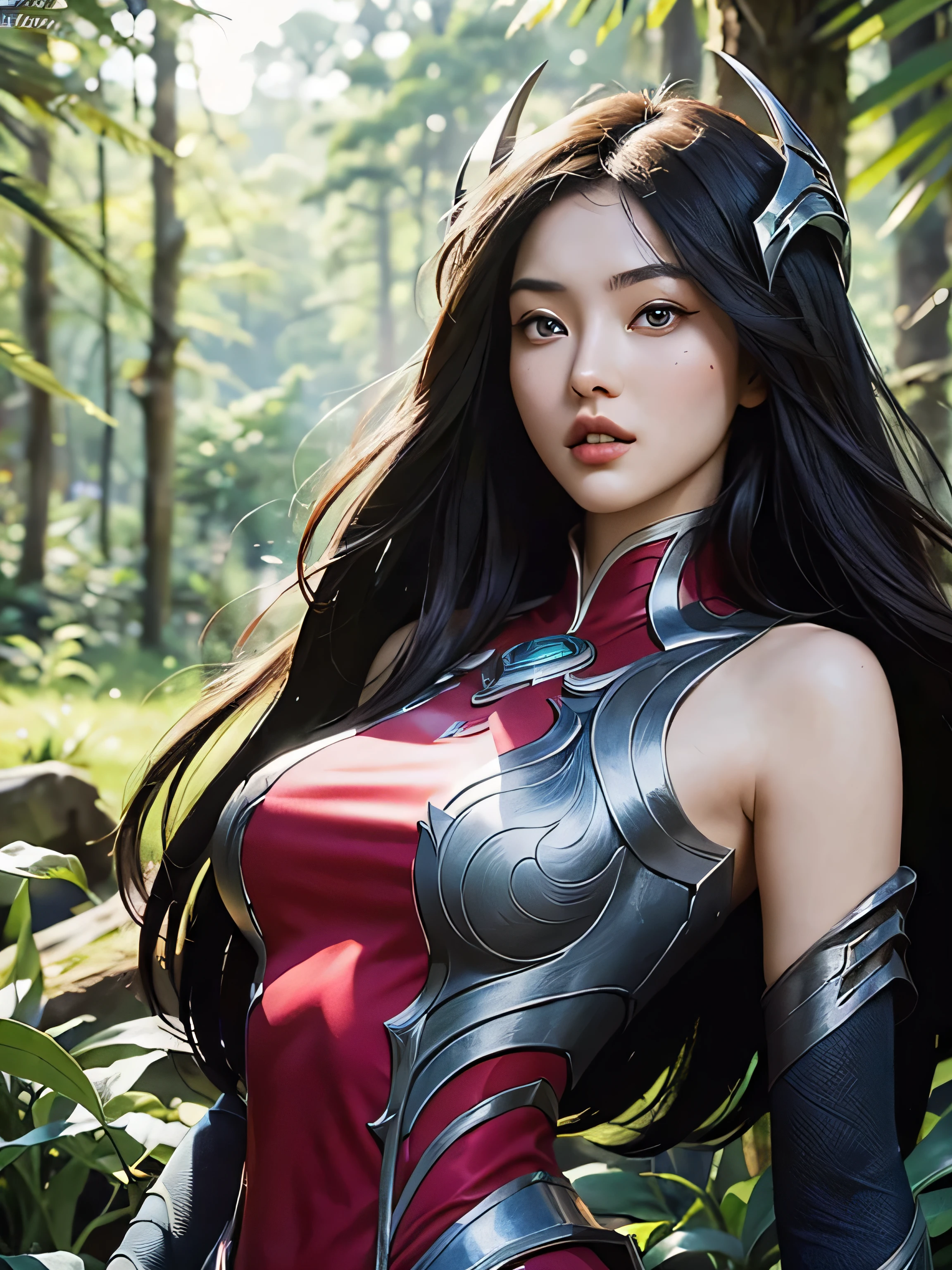 irelia, Irelia from League of Legends, photo detalle, Approach, Beautiful girl, beautiful and detailed face, armpit pose, from afar , armor ,in the forest perfect scheme, , realistic uhdr 8k textures