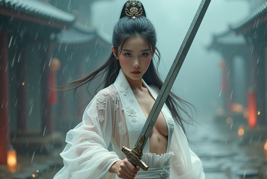 sword sakura,Predominant_Body,1 girl,arms,sword,black hair,flower petals,樱flower,long hair,Chinese clothes,vague,OK,hair accessories,Keep arms,looking at the audience,Keep sword,Keep,long sleeves,facial markings,single OK,flower, Outdoor sports,Best quality,masterpiece,illustration,extremely delicate and beautiful,CG,unity,8k wallpaper,amazing,fine details,masterpiece,official art,Very detailed CG unity 8k wallpaper,Extremely ridiculous,File size is large,super detailed,high resolution,Very detailed,Beautiful and delicate girl,actual,rain, wet, transparent silk hanfu, unbutton dress, ((show breast, show nipples, clean areola))