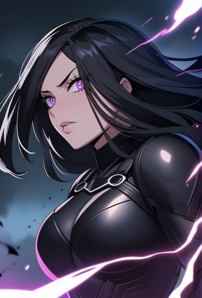 (Masterpiece: 1.6, Best Quality), (Fine and Beautiful Eyes: 1.2), (Overhead), High Quality, Beautiful Face, 1girl, Leather Tight Skirt, Extra Large Leather Jacket, Big Tits, Long Hair, Wide Hips, (Landscaped), Street, Background, Detail Background, Spooky Grin, Angled Laughter at the Corners of Mouth, Long Coat, Shirt, Tie, Office Lady, Mature