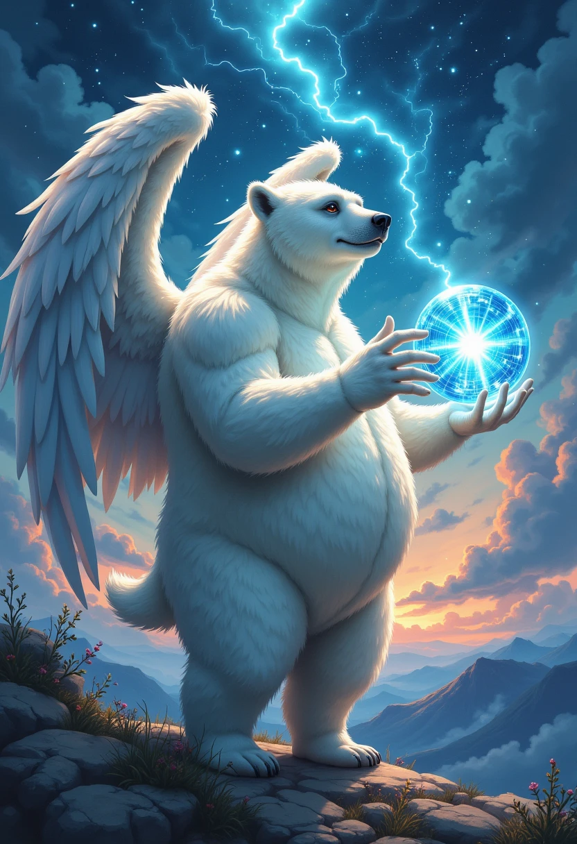 character focus, full body, looking away, dynamic angle, SFW, angel, a muscular middle-aged polar bear man, angel wings, happy, light smile, clothed, costume, armor, rushing wind, hold with both hands quantum electromagnetic life form sacred sphere, spinning fly, dynamic pose, BREAK complete anatomy, perfect proportions, beautiful thigh gap, fluffy body, intricate fur details, beautiful fur texture, BREAK a detailed bear tail, detailed toe, 5toes, 5toes nails, beautiful foot, detailed hands, 5fingers, 5fingers nails, BREAK cute face, aesthetic anime face, insanity detailed face, male face, big face, square jawline, aesthetic anime eyes, detailed brown eyes, detailed brown cornea, detailed dark brown irises, detailed pupils, male eyes, big eyes, male eyebrows, innocent look, beautiful beard, BREAK full body in Michelangelo Buonarroti style, digital illustration anime, housamo style, detailed painting landscape, twilight, kaleidoscopic swirls, france, outdoor, full body, HDR, BREAK masterpiece, official art, best quality, very aesthetic, absurdres, super fine illustration, great quality, BREAK noise reduction, very highres, large filesize, high quality, 32K, 8k wallpaper, dynamic lighting, BREAK insanity detailed, ultra detailed, intricate details, extremely detailed, detailed texture, an extremely delicate and beautiful, BREAK osukemo, e621 illustration, kemohomo, anthropomorphic, furry, cartoon, harmonious body, pastoral face, virtuous eyes, epic atmosphere