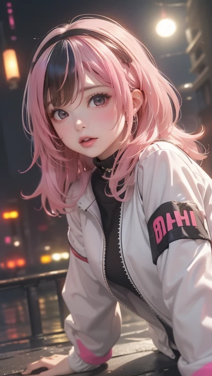 Track jacket、jersey、Golden and black and light blue and silver and pink hair、O cabelo multicolorido、Photorealsitic, hight resolution, Heterochromia eyes, small moles under eyes、bob cuts、Blunt bangs、Lucy\(cyberpunked\), 1girl in, hair scrunchie, hime-cut, silber hair, Color Chip, fullmoon, grey  eyes, white  shirt, Black tie、Black shorts、long-sleeve, (Look at viewers), Medium Hair, O cabelo multicolorido, Bangs parting, cparted lips, A pink-haired, Red Eyeliner, red-lips, 独奏, White jacket, cyberpunked\(Series\), Rainy night in cyberpunk city with glowing neon lights,frombelow, yes、all-fours、Huza