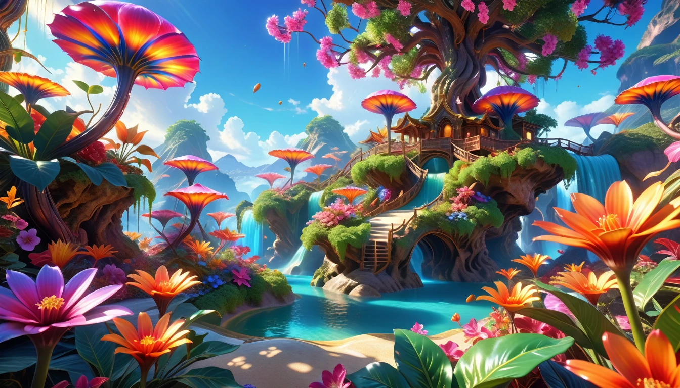 A Masterpiece In 32K Resolution: Supreme Quality, Super Detail, Official Art, Very High-Resolution 32K Wallpaper, Beautiful And Aesthetic, Ultra-Detailed Features, Awe-Inspiring Detail. A Surreal And Exotic Landscape Unfolds With Stunning Beauty In Every Corner, Vibrant And Filled With Color. The Scene Features A Mesmerizing Array Of Alien Flowers In Unique Shapes And Sizes, Alongside An Abundance Of Luscious, Otherworldly Fruits. Presented In Ultra-High Definition (4K Or 8K Resolution), Every Detail Is Captured With Precision And Clarity. The Image Boasts Extreme Realism, Providing An Immersive Experience That Transports The Viewer Into This Strange And Magical World. This Masterpiece Blends Illustration Techniques With Advanced 3D Rendering To Create A Breathtaking Visual Composition. The Bright, Vivid Colors Enhance The Surreal Quality Of The Environment, While Intricate Lighting Design Adds Depth And Texture, Showcasing Dynamic Shifts In Light And Shadow. This Piece Evokes Wonder And Curiosity, Drawing The Viewer Into An Extraordinary Realm Where Nature's Beauty Takes On An Entirely New And Awe-Inspiring Form.