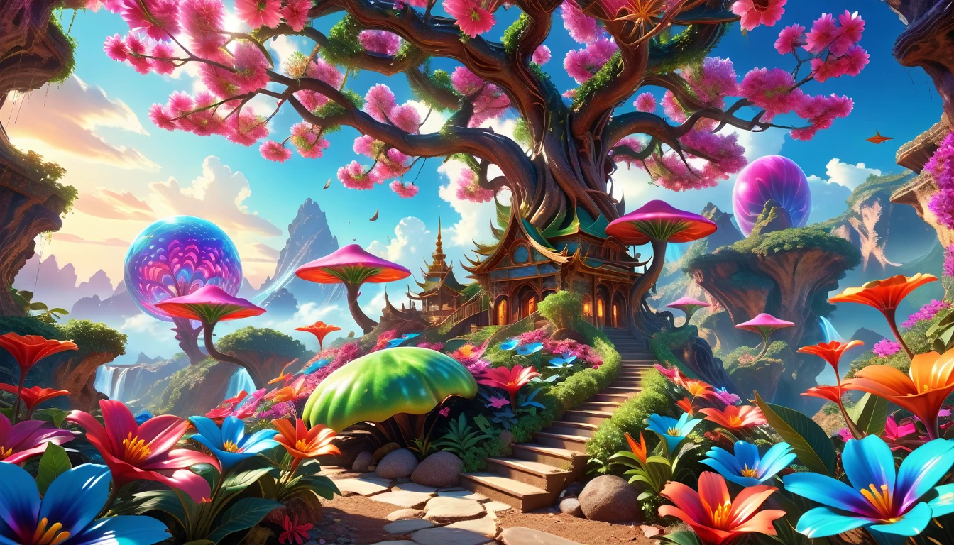 A Masterpiece In 32K Resolution: Supreme Quality, Super Detail, Official Art, Very High-Resolution 32K Wallpaper, Beautiful And Aesthetic, Ultra-Detailed Features, Awe-Inspiring Detail. A Surreal And Exotic Landscape Unfolds With Stunning Beauty In Every Corner, Vibrant And Filled With Color. The Scene Features A Mesmerizing Array Of Alien Flowers In Unique Shapes And Sizes, Alongside An Abundance Of Luscious, Otherworldly Fruits. Presented In Ultra-High Definition (4K Or 8K Resolution), Every Detail Is Captured With Precision And Clarity. The Image Boasts Extreme Realism, Providing An Immersive Experience That Transports The Viewer Into This Strange And Magical World. This Masterpiece Blends Illustration Techniques With Advanced 3D Rendering To Create A Breathtaking Visual Composition. The Bright, Vivid Colors Enhance The Surreal Quality Of The Environment, While Intricate Lighting Design Adds Depth And Texture, Showcasing Dynamic Shifts In Light And Shadow. This Piece Evokes Wonder And Curiosity, Drawing The Viewer Into An Extraordinary Realm Where Nature's Beauty Takes On An Entirely New And Awe-Inspiring Form.