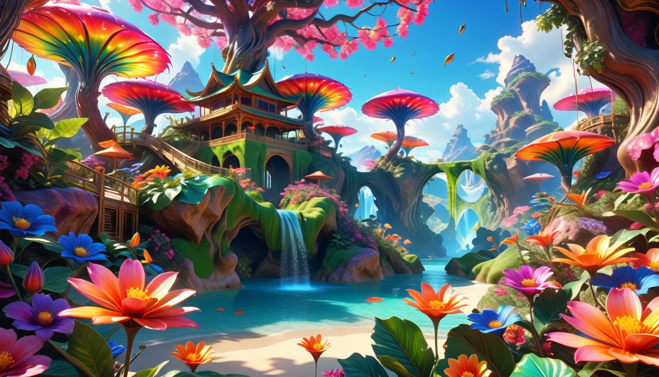 A Masterpiece In 32K Resolution: Supreme Quality, Super Detail, Official Art, Very High-Resolution 32K Wallpaper, Beautiful And Aesthetic, Ultra-Detailed Features, Awe-Inspiring Detail. A Surreal And Exotic Landscape Unfolds With Stunning Beauty In Every Corner, Vibrant And Filled With Color. The Scene Features A Mesmerizing Array Of Alien Flowers In Unique Shapes And Sizes, Alongside An Abundance Of Luscious, Otherworldly Fruits. Presented In Ultra-High Definition (4K Or 8K Resolution), Every Detail Is Captured With Precision And Clarity. The Image Boasts Extreme Realism, Providing An Immersive Experience That Transports The Viewer Into This Strange And Magical World. This Masterpiece Blends Illustration Techniques With Advanced 3D Rendering To Create A Breathtaking Visual Composition. The Bright, Vivid Colors Enhance The Surreal Quality Of The Environment, While Intricate Lighting Design Adds Depth And Texture, Showcasing Dynamic Shifts In Light And Shadow. This Piece Evokes Wonder And Curiosity, Drawing The Viewer Into An Extraordinary Realm Where Nature's Beauty Takes On An Entirely New And Awe-Inspiring Form.