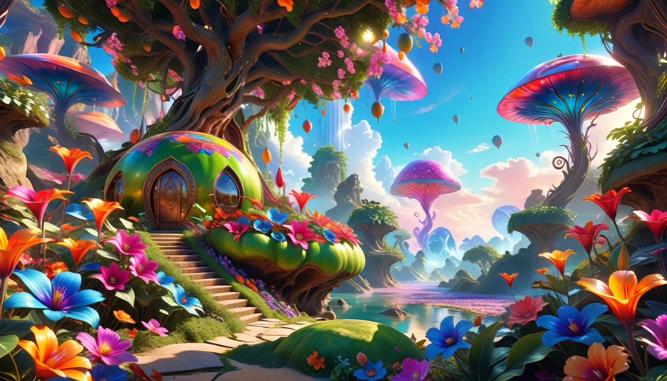 A Masterpiece In 32K Resolution: Supreme Quality, Super Detail, Official Art, Very High-Resolution 32K Wallpaper, Beautiful And Aesthetic, Ultra-Detailed Features, Awe-Inspiring Detail. A Surreal And Exotic Landscape Unfolds With Stunning Beauty In Every Corner, Vibrant And Filled With Color. The Scene Features A Mesmerizing Array Of Alien Flowers In Unique Shapes And Sizes, Alongside An Abundance Of Luscious, Otherworldly Fruits. Presented In Ultra-High Definition (4K Or 8K Resolution), Every Detail Is Captured With Precision And Clarity. The Image Boasts Extreme Realism, Providing An Immersive Experience That Transports The Viewer Into This Strange And Magical World. This Masterpiece Blends Illustration Techniques With Advanced 3D Rendering To Create A Breathtaking Visual Composition. The Bright, Vivid Colors Enhance The Surreal Quality Of The Environment, While Intricate Lighting Design Adds Depth And Texture, Showcasing Dynamic Shifts In Light And Shadow. This Piece Evokes Wonder And Curiosity, Drawing The Viewer Into An Extraordinary Realm Where Nature's Beauty Takes On An Entirely New And Awe-Inspiring Form.