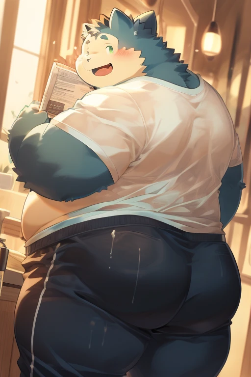 snorlax (pokemon)，obese,  distracted, green eyes, wearing a tight white tank top, black sweatpants, big butt, massive ass, round ass, shirt slightly raised, showing the navel, heat, sweating, blushing, panting, laughing lightly, scratching the back of his neck, back photo, Looking at the viewer, (3:4)