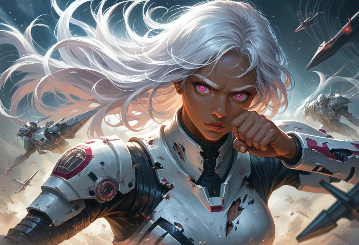 score_9, score_8_superior, score_7_superior, score_6_superior, score_5_superior, score_4_superior, (((dark skin)), long silver natural hair with side-swept-hairstyle, pink pupils, pink eyes, hite eyelash, white eyebrows, upper body, white hair), wearing damaged N7 armor, punching a Reaper dreadnought ship in space, hand-to-hand combat against a spaceship, MEFShepard, omniblade, hyper detailed, 8k, photorealistic, intricate details, cinematic lighting, dramatic atmosphere, dynamic action pose, powerful expression, volumetric lighting, cinematic camera