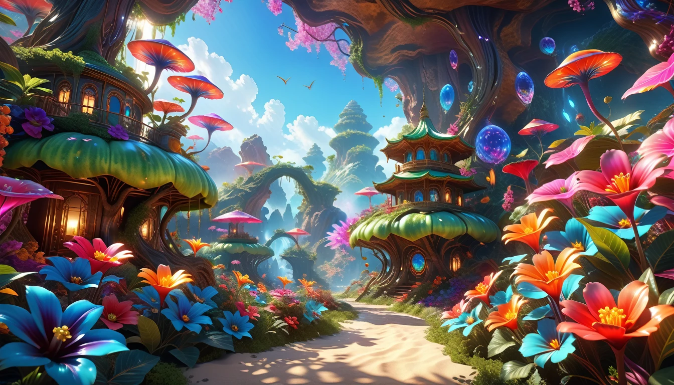 A Masterpiece In 32K Resolution: Supreme Quality, Super Detail, Official Art, Very High-Resolution 32K Wallpaper, Beautiful And Aesthetic, Ultra-Detailed Features, Awe-Inspiring Detail. A Surreal And Exotic Landscape Unfolds With Stunning Beauty In Every Corner, Vibrant And Filled With Color. The Scene Features A Mesmerizing Array Of Alien Flowers In Unique Shapes And Sizes, Alongside An Abundance Of Luscious, Otherworldly Fruits. Presented In Ultra-High Definition (4K Or 8K Resolution), Every Detail Is Captured With Precision And Clarity. The Image Boasts Extreme Realism, Providing An Immersive Experience That Transports The Viewer Into This Strange And Magical World. This Masterpiece Blends Illustration Techniques With Advanced 3D Rendering To Create A Breathtaking Visual Composition. The Bright, Vivid Colors Enhance The Surreal Quality Of The Environment, While Intricate Lighting Design Adds Depth And Texture, Showcasing Dynamic Shifts In Light And Shadow. This Piece Evokes Wonder And Curiosity, Drawing The Viewer Into An Extraordinary Realm Where Nature's Beauty Takes On An Entirely New And Awe-Inspiring Form.