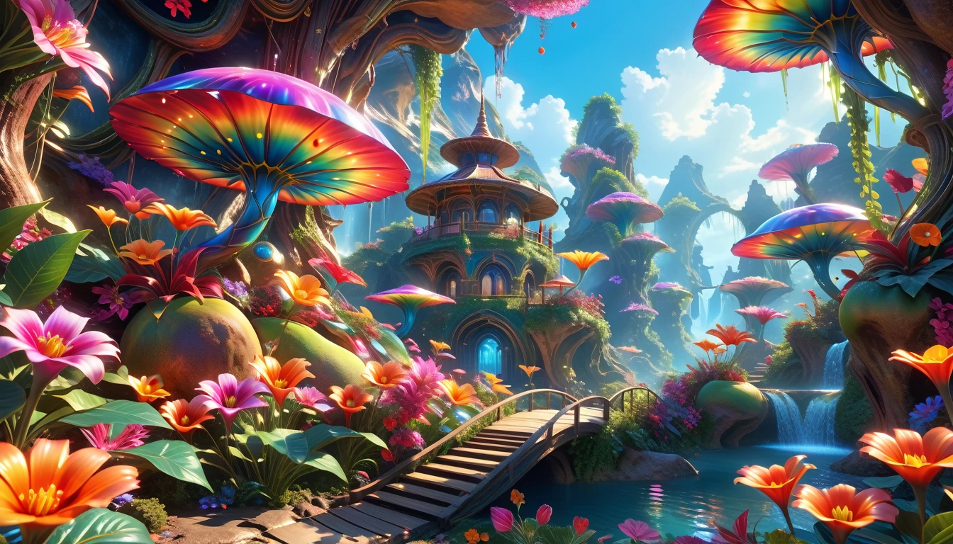 A Masterpiece In 32K Resolution: Supreme Quality, Super Detail, Official Art, Very High-Resolution 32K Wallpaper, Beautiful And Aesthetic, Ultra-Detailed Features, Awe-Inspiring Detail. A Surreal And Exotic Landscape Unfolds With Stunning Beauty In Every Corner, Vibrant And Filled With Color. The Scene Features A Mesmerizing Array Of Alien Flowers In Unique Shapes And Sizes, Alongside An Abundance Of Luscious, Otherworldly Fruits. Presented In Ultra-High Definition (4K Or 8K Resolution), Every Detail Is Captured With Precision And Clarity. The Image Boasts Extreme Realism, Providing An Immersive Experience That Transports The Viewer Into This Strange And Magical World. This Masterpiece Blends Illustration Techniques With Advanced 3D Rendering To Create A Breathtaking Visual Composition. The Bright, Vivid Colors Enhance The Surreal Quality Of The Environment, While Intricate Lighting Design Adds Depth And Texture, Showcasing Dynamic Shifts In Light And Shadow. This Piece Evokes Wonder And Curiosity, Drawing The Viewer Into An Extraordinary Realm Where Nature's Beauty Takes On An Entirely New And Awe-Inspiring Form.