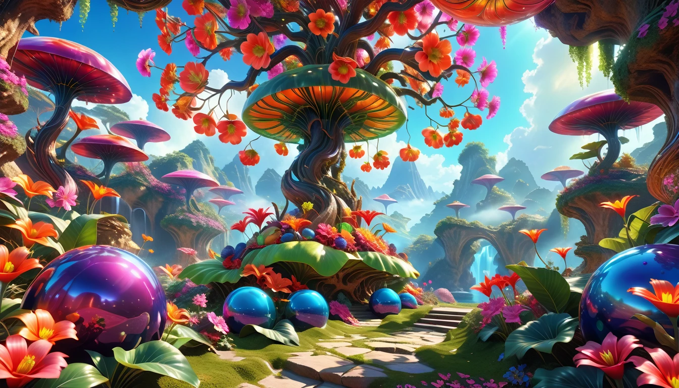 A Masterpiece In 32K Resolution: Supreme Quality, Super Detail, Official Art, Very High-Resolution 32K Wallpaper, Beautiful And Aesthetic, Ultra-Detailed Features, Awe-Inspiring Detail. A Surreal And Exotic Landscape Unfolds With Stunning Beauty In Every Corner, Vibrant And Filled With Color. The Scene Features A Mesmerizing Array Of Alien Flowers In Unique Shapes And Sizes, Alongside An Abundance Of Luscious, Otherworldly Fruits. Presented In Ultra-High Definition (4K Or 8K Resolution), Every Detail Is Captured With Precision And Clarity. The Image Boasts Extreme Realism, Providing An Immersive Experience That Transports The Viewer Into This Strange And Magical World. This Masterpiece Blends Illustration Techniques With Advanced 3D Rendering To Create A Breathtaking Visual Composition. The Bright, Vivid Colors Enhance The Surreal Quality Of The Environment, While Intricate Lighting Design Adds Depth And Texture, Showcasing Dynamic Shifts In Light And Shadow. This Piece Evokes Wonder And Curiosity, Drawing The Viewer Into An Extraordinary Realm Where Nature's Beauty Takes On An Entirely New And Awe-Inspiring Form.