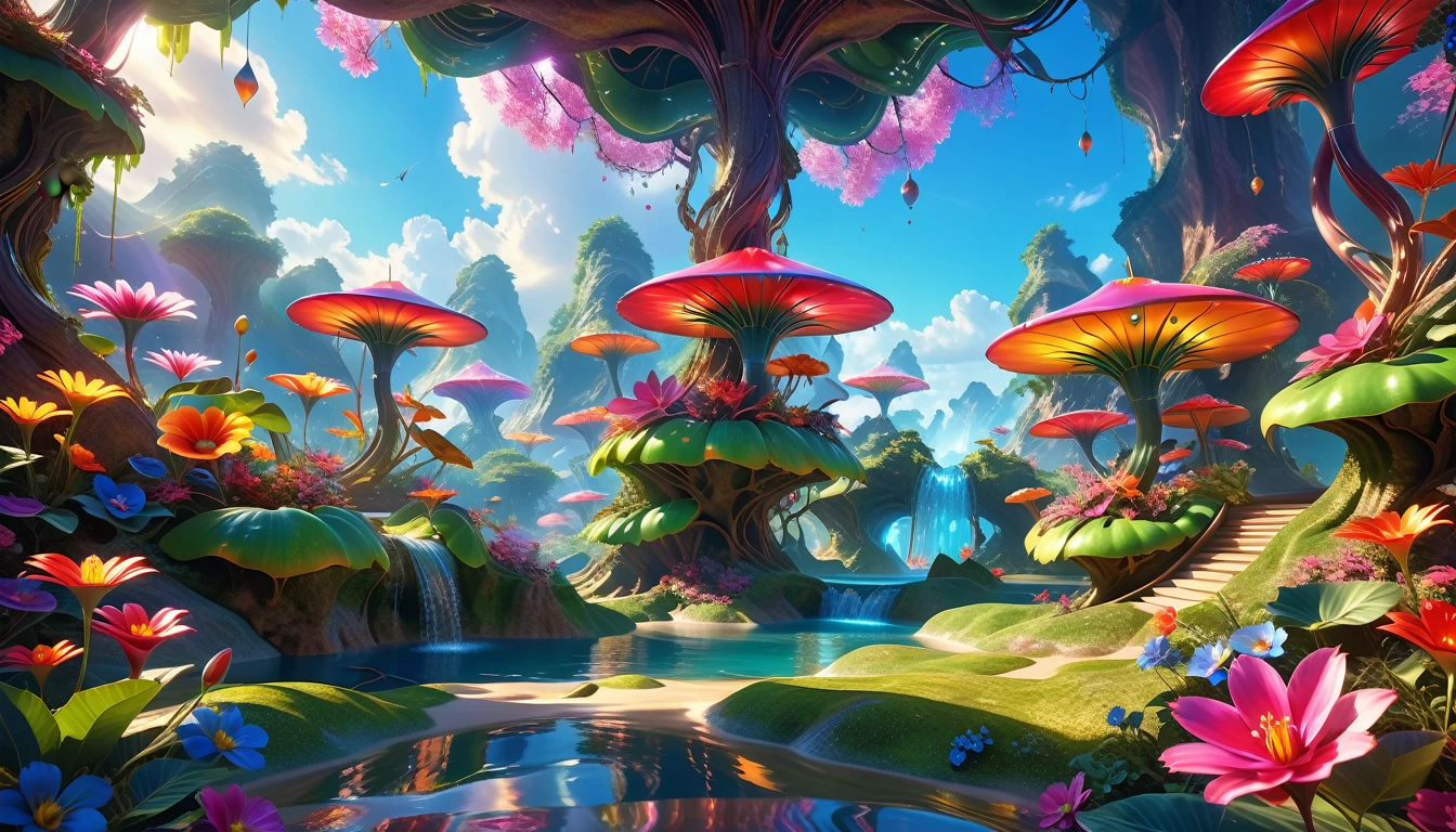 A Masterpiece In 32K Resolution: Supreme Quality, Super Detail, Official Art, Very High-Resolution 32K Wallpaper, Beautiful And Aesthetic, Ultra-Detailed Features, Awe-Inspiring Detail. A Surreal And Exotic Landscape Unfolds With Stunning Beauty In Every Corner, Vibrant And Filled With Color. The Scene Features A Mesmerizing Array Of Alien Flowers In Unique Shapes And Sizes, Alongside An Abundance Of Luscious, Otherworldly Fruits. Presented In Ultra-High Definition (4K Or 8K Resolution), Every Detail Is Captured With Precision And Clarity. The Image Boasts Extreme Realism, Providing An Immersive Experience That Transports The Viewer Into This Strange And Magical World. This Masterpiece Blends Illustration Techniques With Advanced 3D Rendering To Create A Breathtaking Visual Composition. The Bright, Vivid Colors Enhance The Surreal Quality Of The Environment, While Intricate Lighting Design Adds Depth And Texture, Showcasing Dynamic Shifts In Light And Shadow. This Piece Evokes Wonder And Curiosity, Drawing The Viewer Into An Extraordinary Realm Where Nature's Beauty Takes On An Entirely New And Awe-Inspiring Form.