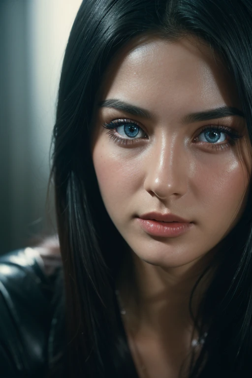 black hair, deep blue eyes, (close-up, editorial photograph of a 20 yo woman from the 1960's), (highly detailed face:1.4) (smile:0.7) (background inside dark, moody, private study:1.3) POV, by lee jeffries, nikon d850, film stock photograph ,4 kodak portra 400 ,camera f1.6 lens ,rich colors ,hyper realistic ,lifelike texture, dramatic lighting , cinestill 800,