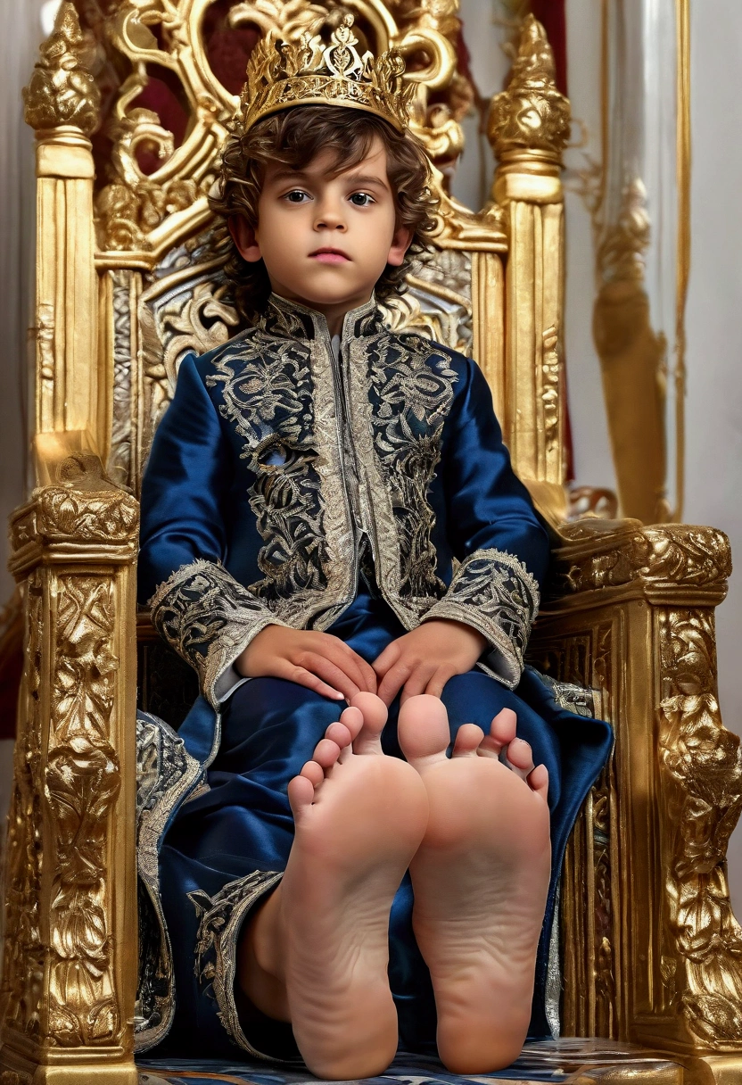 A child prince on a throne, beautiful detailed feet soles, highly intricate ornate throne, elaborate golden decorations, regal elegant pose, (best quality,4k,8k,highres,masterpiece:1.2),ultra-detailed,(realistic,photorealistic,photo-realistic:1.37),HDR,UHD,studio lighting,extreme detail description,professional,vivid colors,portrait,fantasy,cinematic lighting