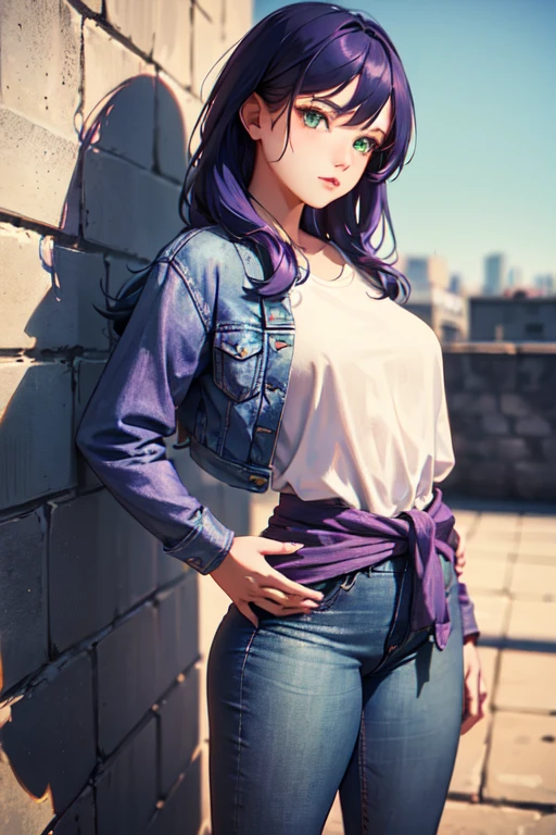 (masterpiece),(best quality), hair over right eye, looking at the viewer, thin body, dynamic poses, (medium breasts: 1.3), young girl, 8k,(summer sunny day:1.5), (seductive body details:1.3), long dark purple hair, purple eyes, seductive light smile, shy, skinny legs, (slender legs), big eyes, (((wind))), (high breasts), sharp breasts, (realistic style), full height, (burn scar on the right side of the face:1.5), (burn scar on the right side of the body:1.5), (clear left side of the body:1.2), hair over right eye, ((megane)), (slim waist), ((narrow hips)), (slender legs), medium breast, curvy, denim seductive suit, naked jacket, thight pants, thight jacket, 