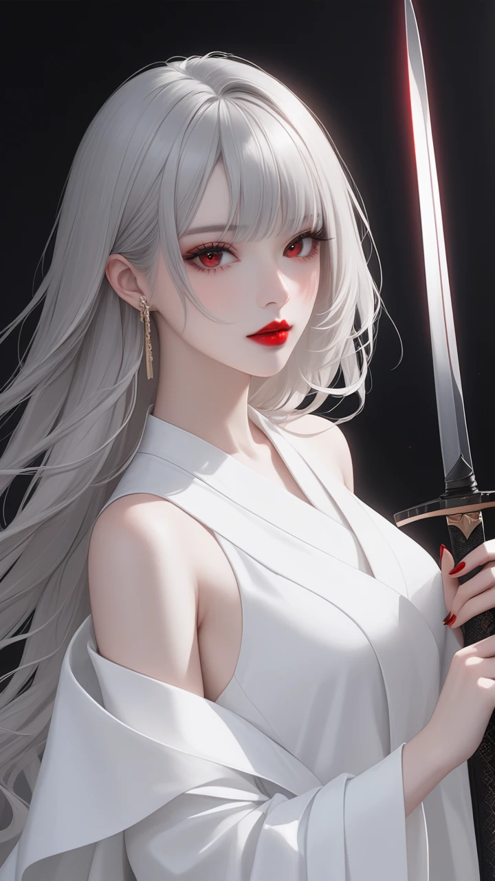 highest quality、masterpiece、1 girl、black background、gray hair:1.5、red eyes、red lips、white clothes、Black and white world、Black and white world、pale skin、side blade