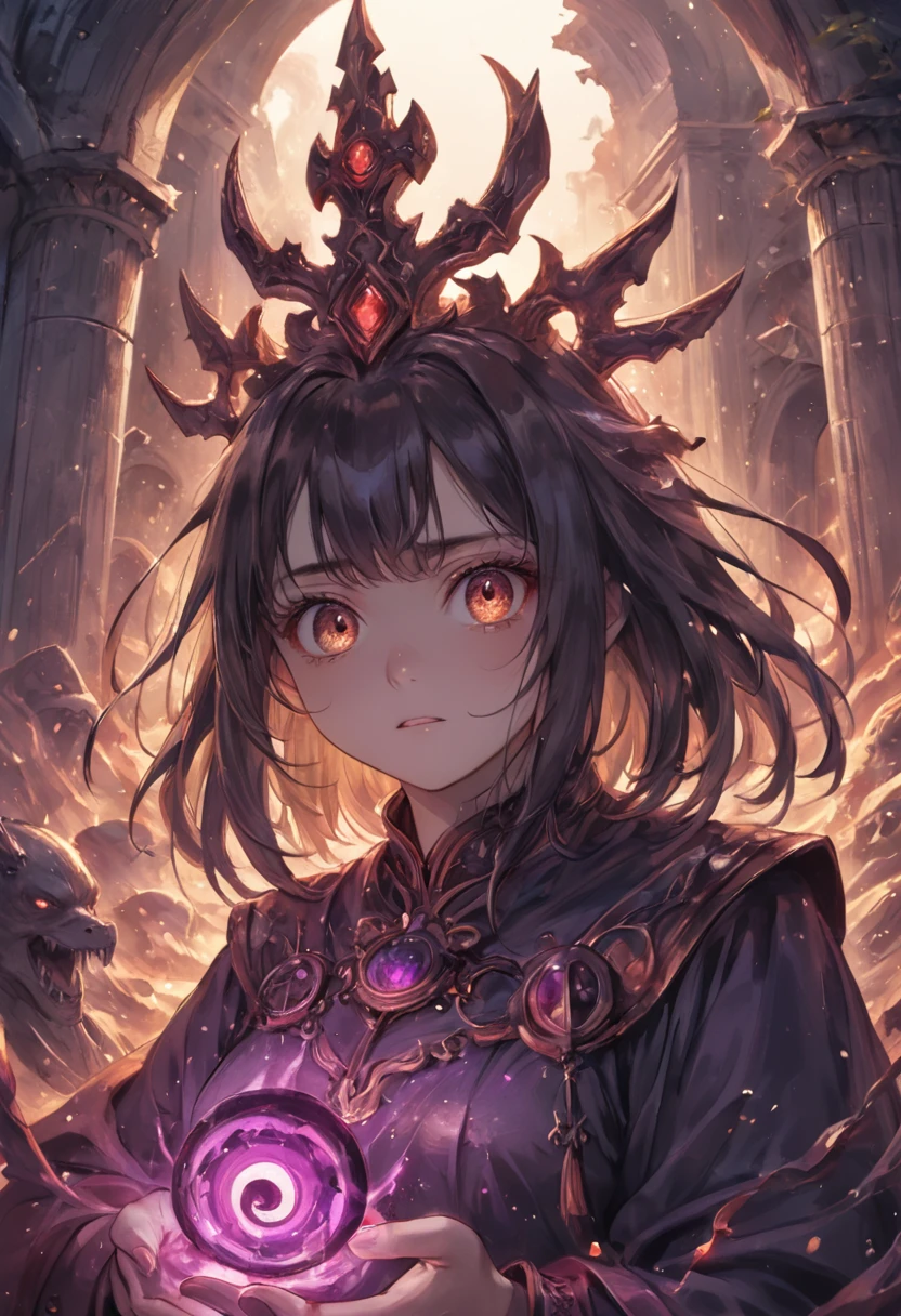 (masterpiece, best quality, vivid colors, sharp contrast, ultra-detailed) ,scary,A close-up of a purple-cloaked demon, their face shadowed and hidden, standing amidst the ruins of an ancient temple at dusk. The sky burns with vibrant oranges and purples, reflecting the anger and devastation of their people. They clutch a symbol of an ancient faith in one hand, their other hand clenched in anger, symbolizing the hatred they hold for the religious sect that betrayed them. The air around them hums with impending disaster.