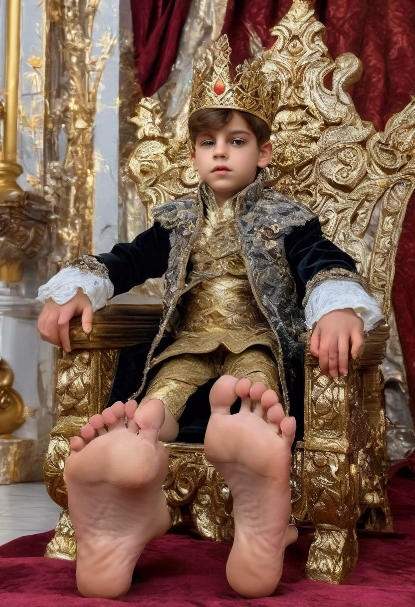 A child prince on a throne, beautiful detailed feet soles, highly intricate ornate throne, elaborate golden decorations, regal elegant pose, (best quality,4k,8k,highres,masterpiece:1.2),ultra-detailed,(realistic,photorealistic,photo-realistic:1.37),HDR,UHD,studio lighting,extreme detail description,professional,vivid colors,portrait,fantasy,cinematic lighting