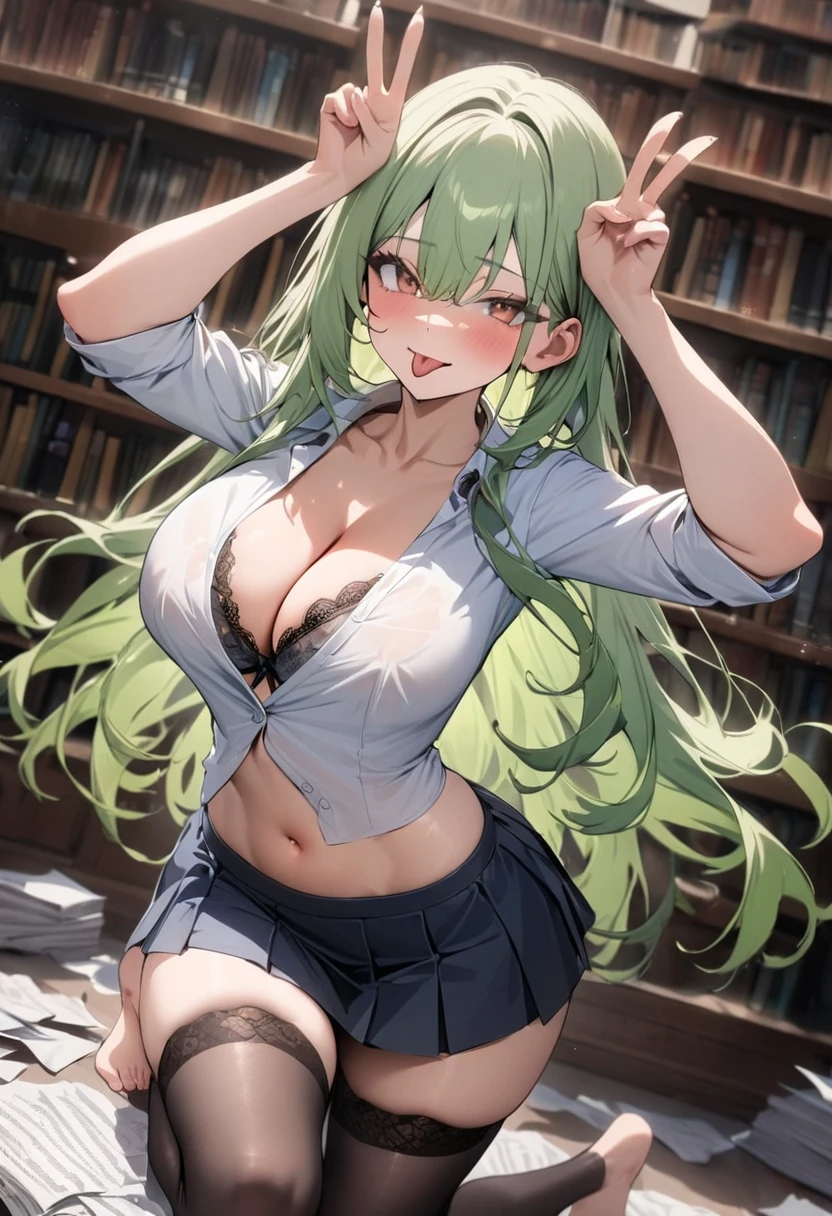 1girl,solo,long hair,two tone hair,pink hair, green hair, brown eyes, tall, big breast,barefoot,tongue out expression,lacy bra,short skirt,unbutton blouse,cleavage,navel,library,scattered paper,v,rabbit pose,dim light,school uniform,low angle, sultury expression,stockings,(masterpiece:1.2), (best quality:1.2), (very aesthetic:1.2), (absurdres:1.2), (detailed background),newest, perfect anatomy ,gloss