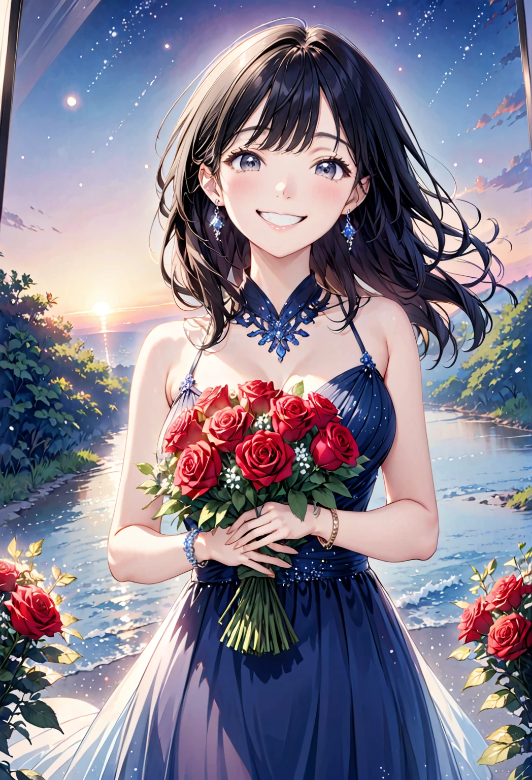 highest quality, (Ultra-high definition 4K), (Ultra High Resolution 8K), Photoreal, Bright colors, high definition beauty face, beautiful hair, detailed and beautiful eyes, ((lip gloss)), (big and full breasts), pretty girl, standing model, Holding a bouquet of red flowers in both hands, diamond necklace, Lavender violet dress with beaded embroidery, garden, flowers, sunlight, Gentle breeze, (soft lighting, rendered), Moderate: oil, 35mm f/1.8, Photographed with Sony FE GM