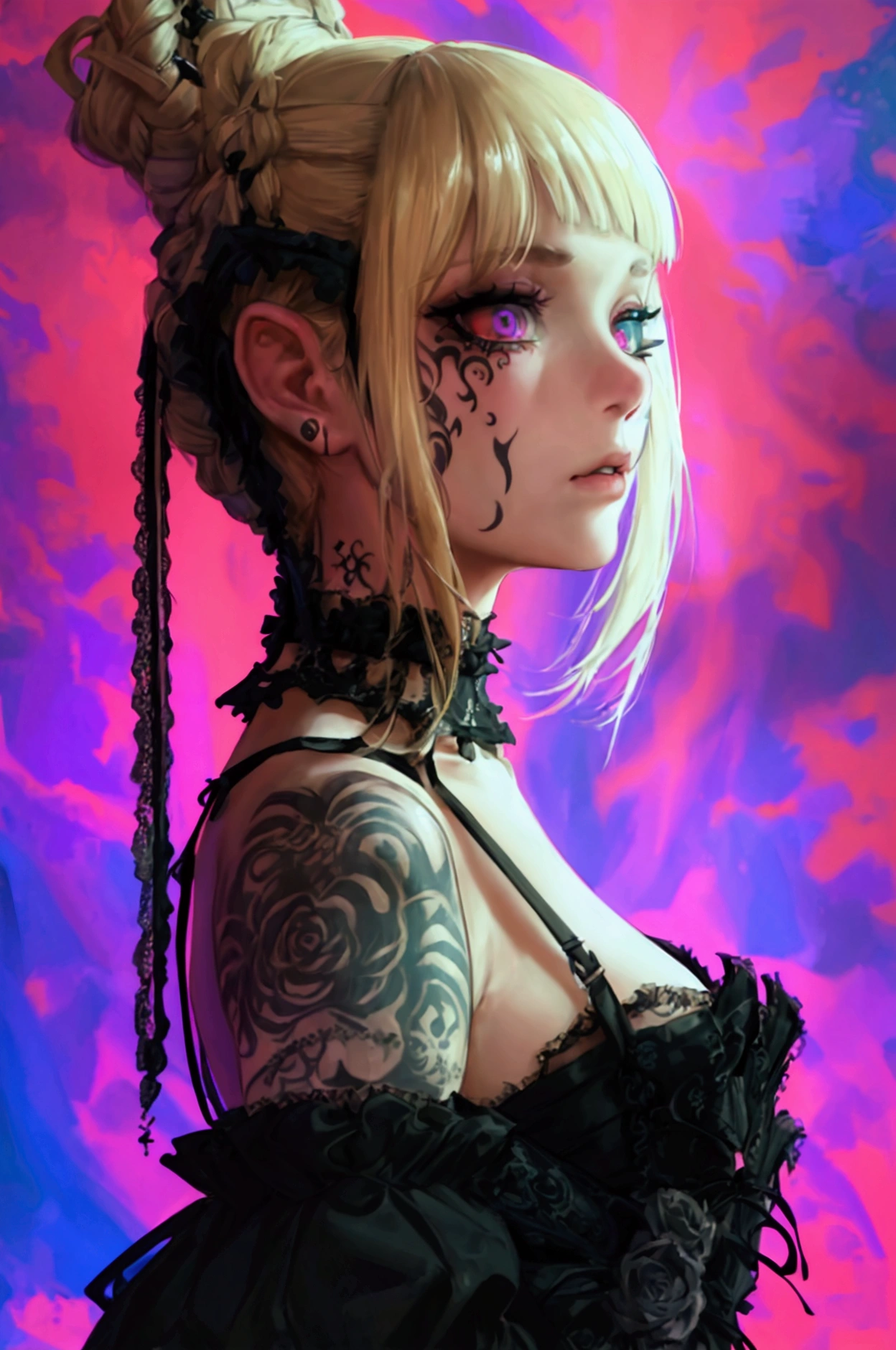 Clear and detailed facial features, beautiful woman, blonde hair, braided, elegant gothic make-up, large expressive eyes, intricate tattoos, wearing a disheveled gothic-style corset minidress, shoulder straps, half jacket, falling off ahoulders, beautiful features, exquisite design, stunning artwork 