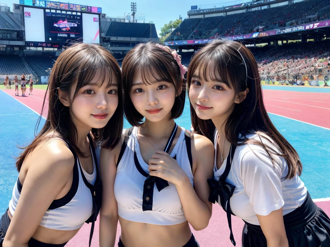 high school girl、short hair、track and field club、bloomers、Tank top、3 people、whole body、