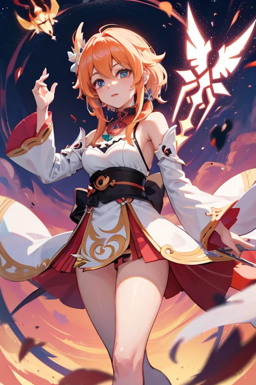 ((Game skin design concept draft)),Beautiful posture,(Sexy figure:1.1),(Wearing a red, gold and black horse-faced skirt),light fabrics,Blue-gray magic fire floats around,feminine expression,