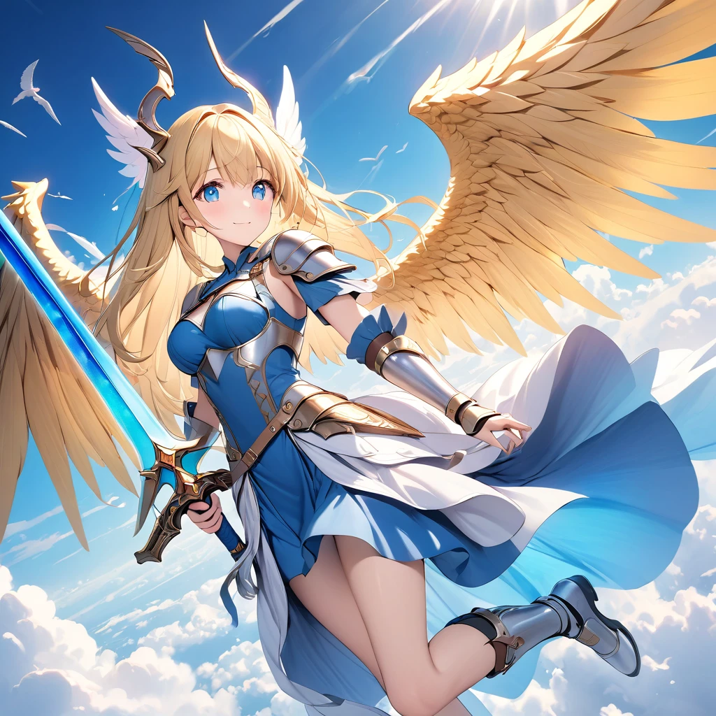 (((8k,masterpiece,Best Quality))), Highly detailed CG synthesis，Maxi Kit, whole body, Wide Shot,break、(((Cute angel flying in the blue sky))), Fantasy, Big angel wings, ,(blonde:1.6)，眩しいハイライトが入ったblondeの髪、Shiny bright hair, ,Long Hair,,Twin tails、Detailed face，Attractive big blue eyes，Shining fine eyes，Charming smile，Beautiful Skin，Lens Flare,A girl with angel wings and a sword, Angel Knight Girl,Beautiful angel witch, Highly detailed Artgerm, Detailed digital 3D art（（Ultra-realistic, Vivid 3D））， Dragon Warrior Girl，Dynamic action poses for battle scenes， Extremely complex and heavy fighter aircraft mechanical armament，Vice President of Lunes,, Single Armor, Decorative blue armor, Armor dress, （Winged Helmet）, Shoulder rest, Gauntlet, Shin guards,（Wields a giant turquoise energy sword:1.3),Very dramatic and cinematic lighting。Beautifully detailed backgrounds, Beautifully detailed backgrounds, (In the blue sky above the clouds 1.3), ((Two big, Shining Wings:1.3),(flight:1.5)