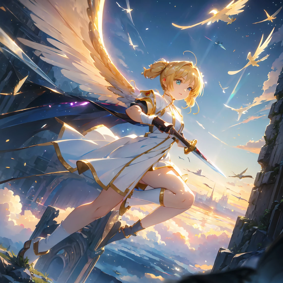 (((8k,masterpiece,Best Quality))), Highly detailed CG synthesis，Maxi Kit, whole body, Wide Shot,break、(((Cute angel flying in the blue sky))), Fantasy, Big angel wings, ,(blonde:1.6)，眩しいハイライトが入ったblondeの髪、Shiny bright hair, ,Long Hair,,Twin tails、Detailed face，Attractive big blue eyes，Shining fine eyes，Charming smile，Beautiful Skin，Lens Flare,A girl with angel wings and a sword, Angel Knight Girl,Beautiful angel witch, Highly detailed Artgerm, Detailed digital 3D art（（Ultra-realistic, Vivid 3D））， Dragon Warrior Girl，Dynamic action poses for battle scenes， Extremely complex and heavy fighter aircraft mechanical armament，Vice President of Lunes,, Single Armor, Decorative blue armor, Armor dress, （Winged Helmet）, Shoulder rest, Gauntlet, Shin guards,（Wields a giant turquoise energy sword:1.3),Very dramatic and cinematic lighting。Beautifully detailed backgrounds, Beautifully detailed backgrounds, (In the blue sky above the clouds 1.3), ((Two big, Shining Wings:1.3),(flight:1.5)