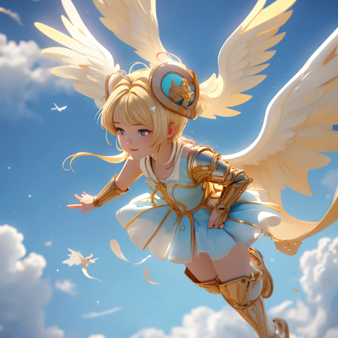 (((8k,masterpiece,Best Quality))), Highly detailed CG synthesis，Maxi Kit, whole body, Wide Shot,break、(((Cute angel flying in the blue sky))), Fantasy, Big angel wings, ,(blonde:1.6)，眩しいハイライトが入ったblondeの髪、Shiny bright hair, ,Long Hair,,Twin tails、Detailed face，Attractive big blue eyes，Shining fine eyes，Charming smile，Beautiful Skin，Lens Flare,A girl with angel wings and a sword, Angel Knight Girl,Beautiful angel witch, Highly detailed Artgerm, Detailed digital 3D art（（Ultra-realistic, Vivid 3D））， Dragon Warrior Girl，Dynamic action poses for battle scenes， Extremely complex and heavy fighter aircraft mechanical armament，Vice President of Lunes,, Single Armor, Decorative blue armor, Armor dress, （Winged Helmet）, Shoulder rest, Gauntlet, Shin guards,（Wields a giant turquoise energy sword:1.3),Very dramatic and cinematic lighting。Beautifully detailed backgrounds, Beautifully detailed backgrounds, (In the blue sky above the clouds 1.3), ((Two big, Shining Wings:1.3),(flight:1.5)