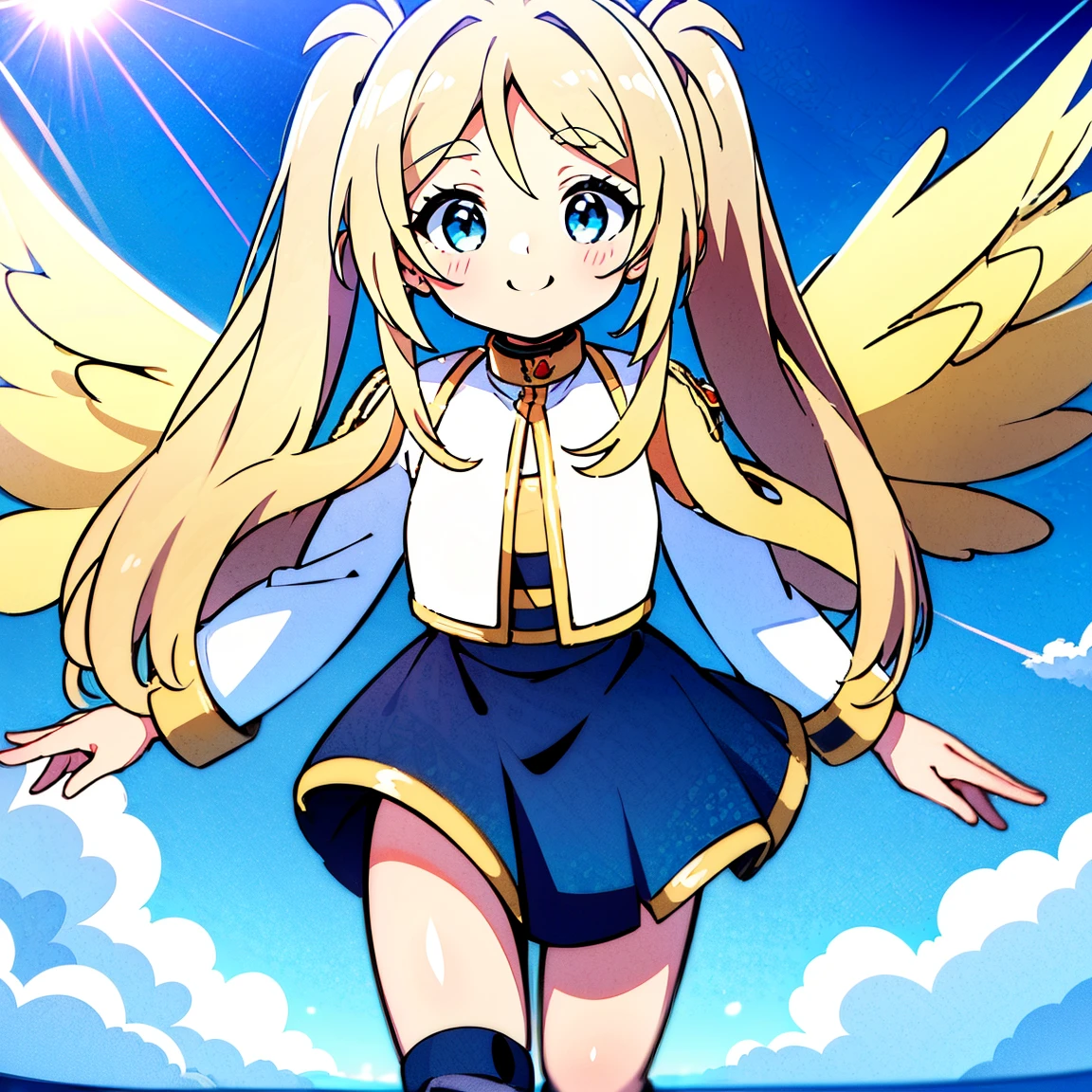 (((8k,masterpiece,Best Quality))), Highly detailed CG synthesis，Maxi Kit, whole body, Wide Shot,break、(((Cute angel flying in the blue sky))), Fantasy, Big angel wings, ,(blonde:1.6)，眩しいハイライトが入ったblondeの髪、Shiny bright hair, ,Long Hair,,Twin tails、Detailed face，Attractive big blue eyes，Shining fine eyes，Charming smile，Beautiful Skin，Lens Flare,A girl with angel wings and a sword, Angel Knight Girl,Beautiful angel witch, Highly detailed Artgerm, Detailed digital 3D art（（Ultra-realistic, Vivid 3D））， Dragon Warrior Girl，Dynamic action poses for battle scenes， Extremely complex and heavy fighter aircraft mechanical armament，Vice President of Lunes,, Single Armor, Decorative blue armor, Armor dress, （Winged Helmet）, Shoulder rest, Gauntlet, Shin guards,（Wields a giant turquoise energy sword:1.3),Very dramatic and cinematic lighting。Beautifully detailed backgrounds, Beautifully detailed backgrounds, (In the blue sky above the clouds 1.3), ((Two big, Shining Wings:1.3),(flight:1.5)