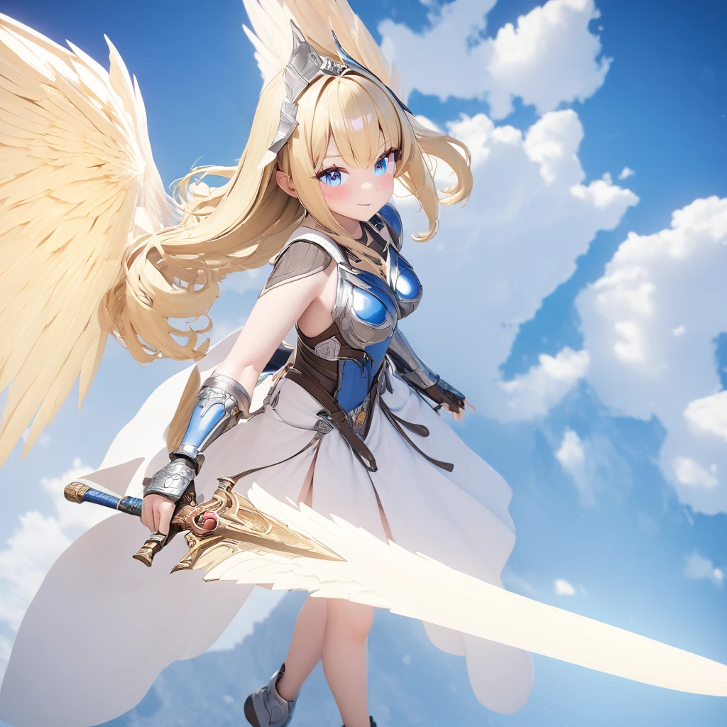 (((8k,masterpiece,Best Quality))), Highly detailed CG synthesis，Maxi Kit, whole body, Wide Shot,break、(((Cute angel flying in the blue sky))), Fantasy, Big angel wings, ,(blonde:1.6)，眩しいハイライトが入ったblondeの髪、Shiny bright hair, ,Long Hair,,Twin tails、Detailed face，Attractive big blue eyes，Shining fine eyes，Charming smile，Beautiful Skin，Lens Flare,A girl with angel wings and a sword, Angel Knight Girl,Beautiful angel witch, Highly detailed Artgerm, Detailed digital 3D art（（Ultra-realistic, Vivid 3D））， Dragon Warrior Girl，Dynamic action poses for battle scenes， Extremely complex and heavy fighter aircraft mechanical armament，Vice President of Lunes,, Single Armor, Decorative blue armor, Armor dress, （Winged Helmet）, Shoulder rest, Gauntlet, Shin guards,（Wields a giant turquoise energy sword:1.3),Very dramatic and cinematic lighting。Beautifully detailed backgrounds, Beautifully detailed backgrounds, (In the blue sky above the clouds 1.3), ((Two big, Shining Wings:1.3),(flight:1.5)