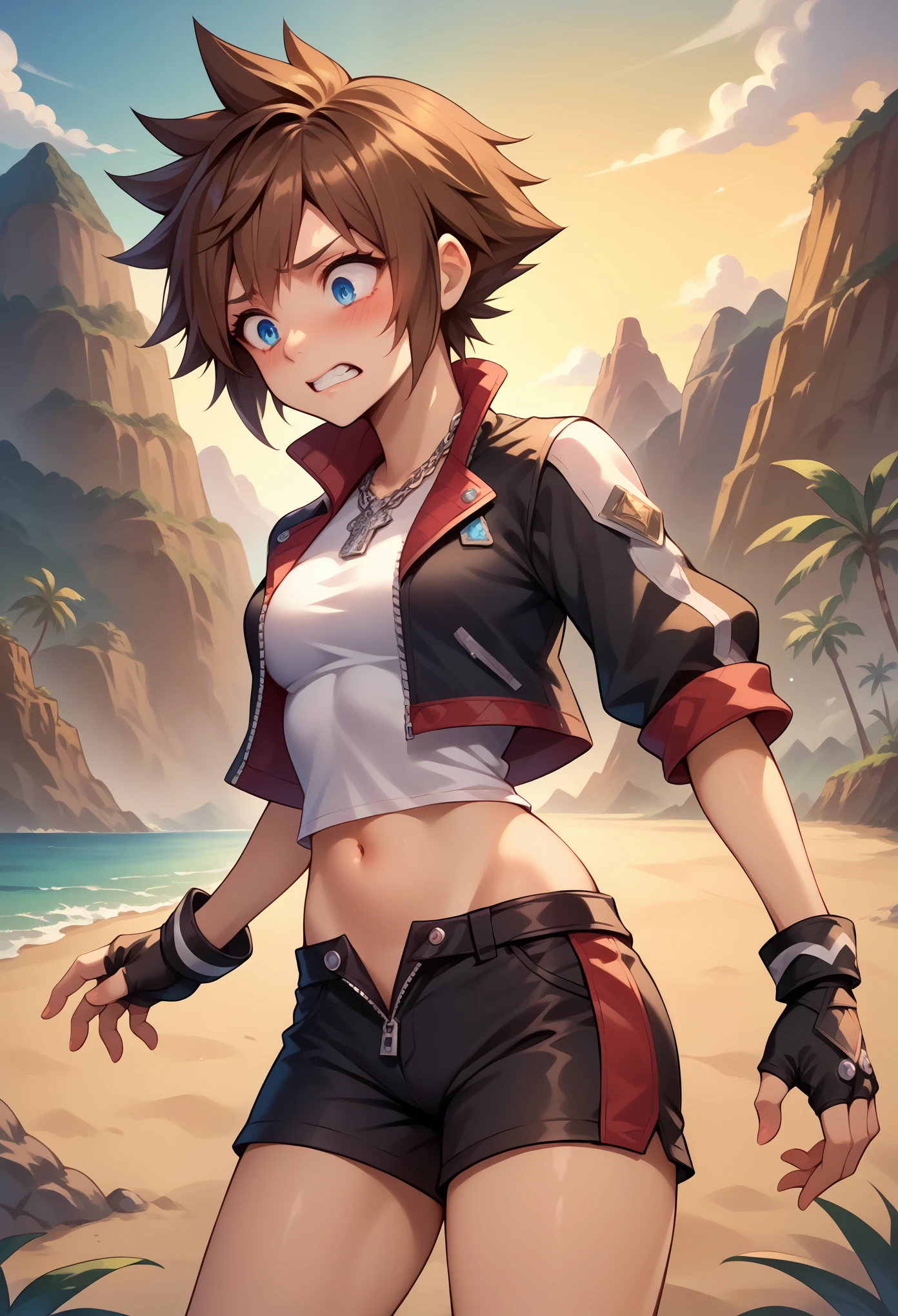 score_9, score_8_up, score_7_up, 1girl, solo, female focus, skinny, sora, spiked hair, brown hair, long hair, blue eyes, gloves, red details, white shirt, black jacket, black shorts, tight shorts, midriff, jewelry, fingerless gloves, zipper, partially unzipped, necklace, standing, nervous, blushing, shaking, teeth, shocked, cowboy shot, looking down, island, sand, tropical