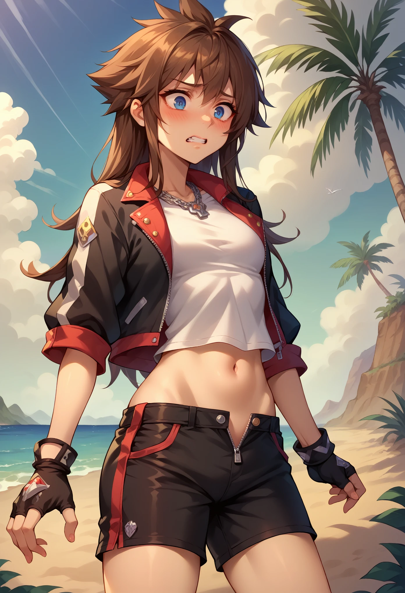 score_9, score_8_up, score_7_up, 1girl, solo, female focus, female body, skinny, sora, spiked hair, brown hair, (long hair:1.5), blue eyes, gloves, red details, white shirt, black jacket, black shorts, tight shorts, midriff, jewelry, fingerless gloves, zipper, partially unzipped, necklace, standing, nervous, blushing, shaking, teeth, shocked, cowboy shot, looking down, island, sand, tropical