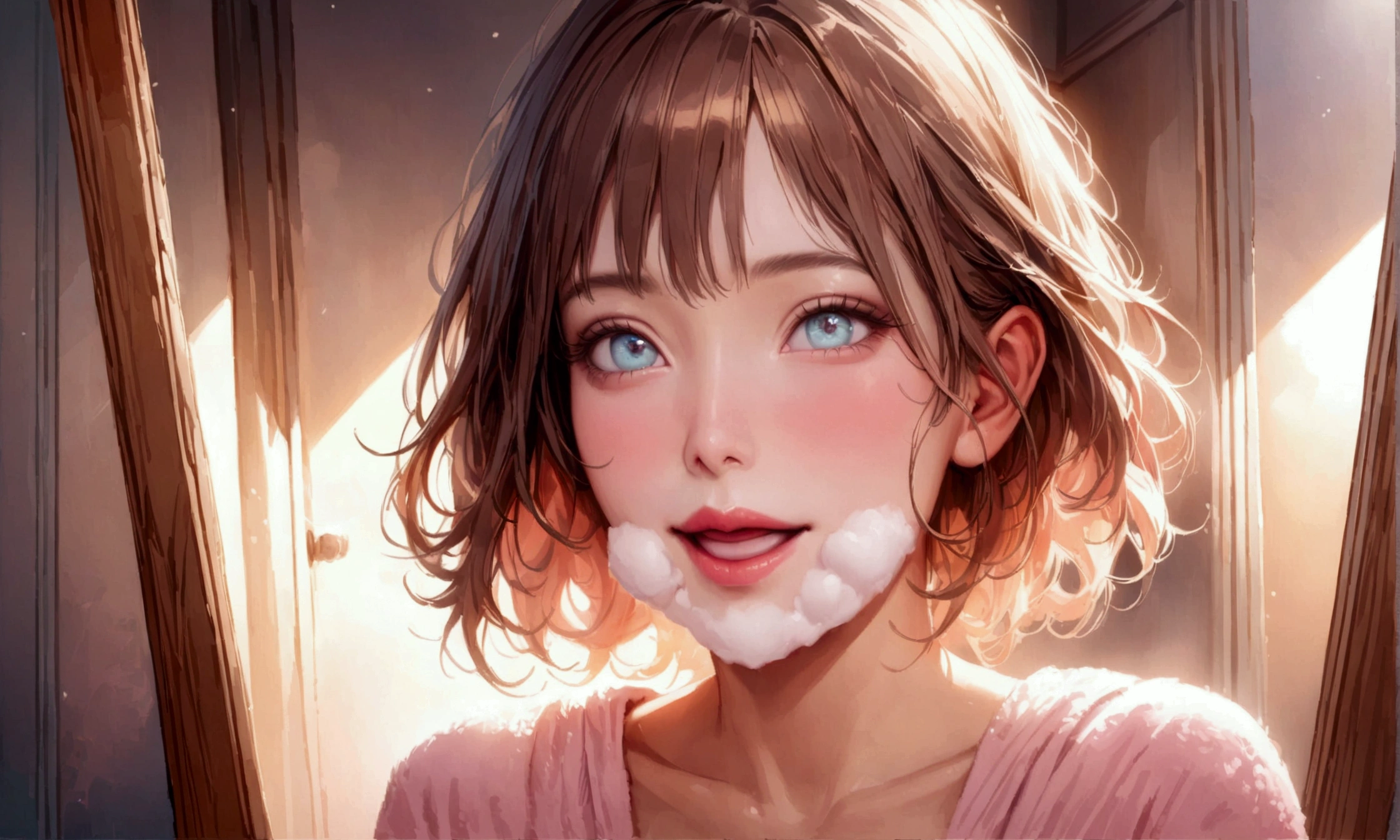 (masterpiece), best quality, 1girl, solo, nude, portrait, from above, ahegao, cum, cum on face, close up