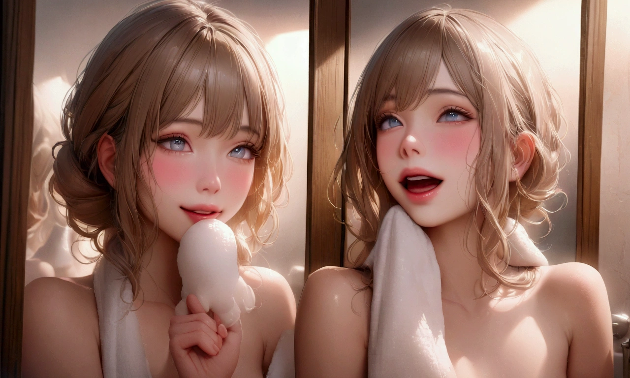 (masterpiece:1.8), (realistic:1.2), (highest quality), (fine skin:1.3), (intricate details), ray tracing,Adult woman with short blonde hair, 45 years old,(blush:1.5)，stuck out his tongue👅，((large amount of saliva))，lots of sweat，big nipples，((The whole thing was painted))，((perfect face))，lots of body fluids，Wet，((fleshy naked))，(dark pubic hair:4），(joy:1.5)，In mating，squat，oral，insert，Climax，opened the vagina，swallow vaginally