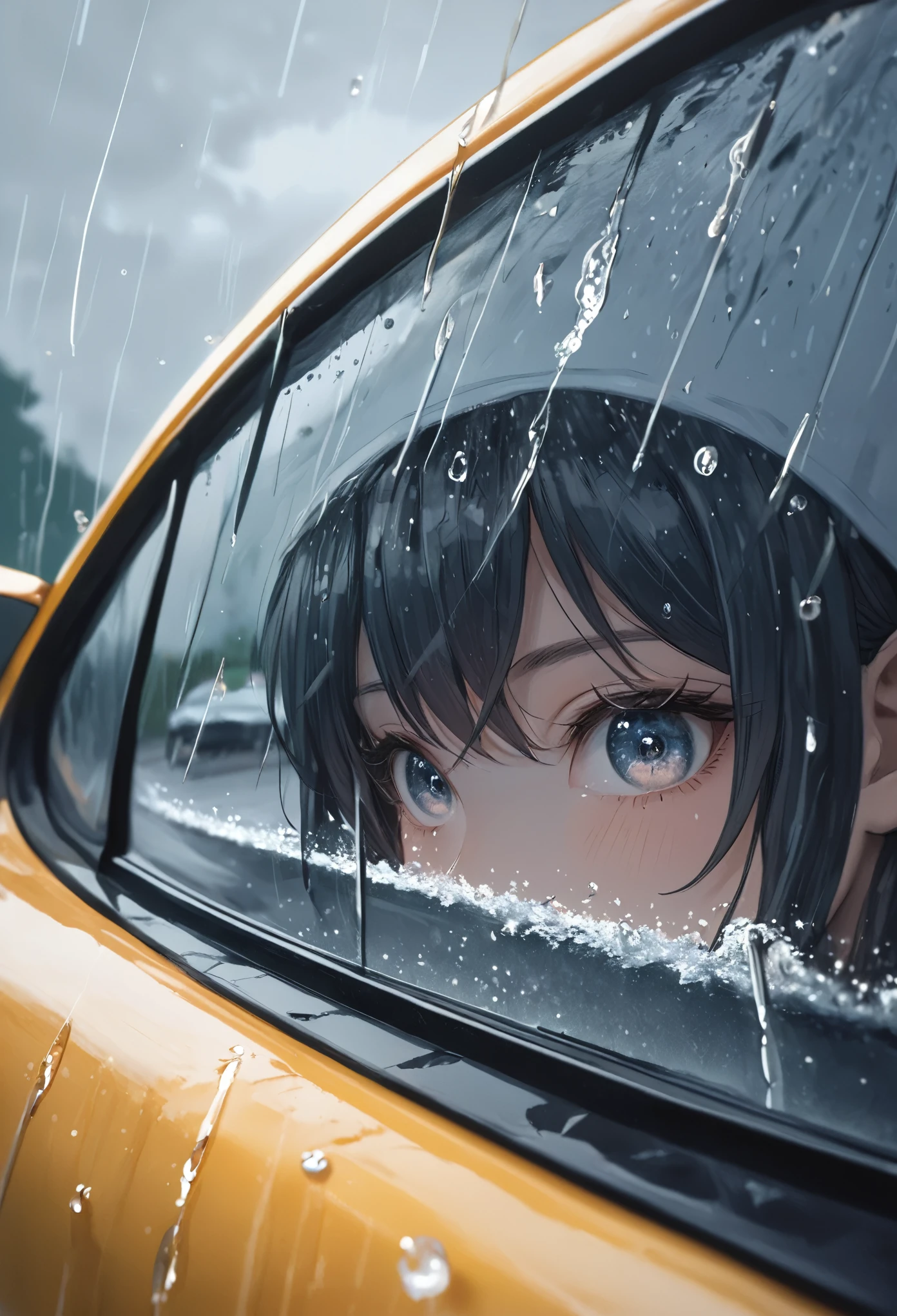 (anime style, cel-shaded, close-up, smooth shading),

A car driving through a rainy rural road, seen from a close-up perspective, the raindrops splashing against the car’s windshield. The scene is dynamic, with the rain falling heavily, and the car's headlights shining brightly against the dim, overcast sky. A young man wearing a raincoat is seen walking by the side of the road, his umbrella barely shielding him from the downpour. Puddles form along the road as the car passes by, creating a vibrant yet moody scene with a sense of quiet determination.