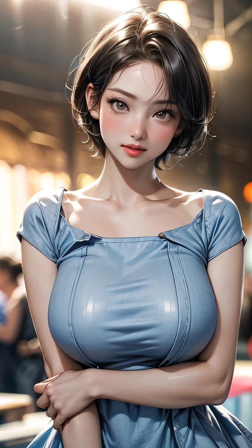 Best Quality, One girl, (Skin Dentition), (Huge breasts:1.2), (Blurred Background:0.6), At a crowded amusement park, (Casual and stylish, Elegant fabric,fローラl dress:1.5 ), nice, (short hair:1.5), Soft lighting, wind, (Front light:1.5), Surprised, 