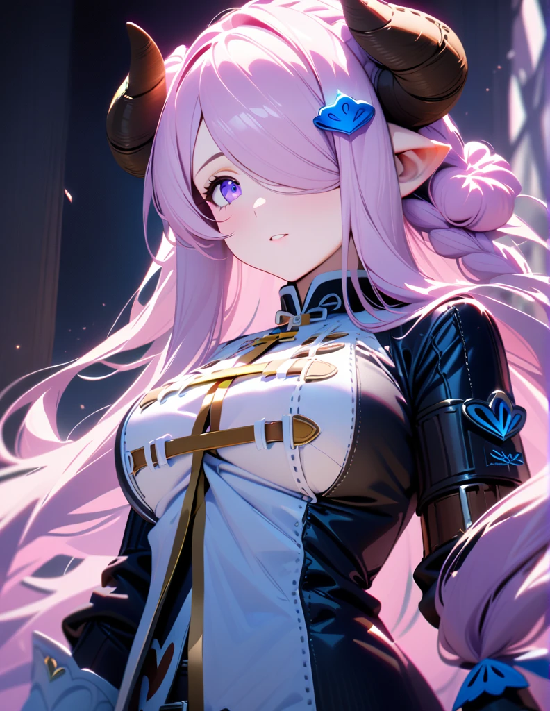 masterpiece, Best Quality, Super Details, 8k, Detail Light, Detailed Shadows, (Genuine: 1.2),, 1 girl, Wearing complicated clothes, Purple eyes, Medium Breast, Narmaya, Portrait , (Cowboy Shot: 1.2), 
