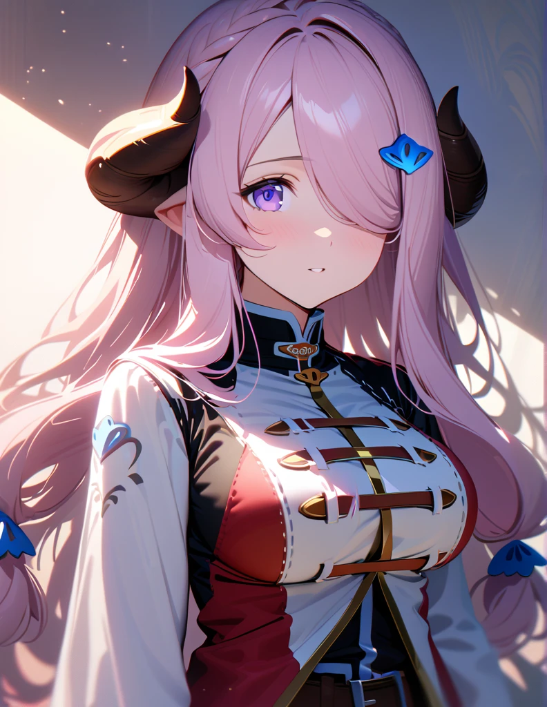 masterpiece, Best Quality, Super Details, 8k, Detail Light, Detailed Shadows, (Genuine: 1.2),, 1 girl, Wearing complicated clothes, Purple eyes, Medium Breast, Narmaya, Portrait , (Cowboy Shot: 1.2), 
