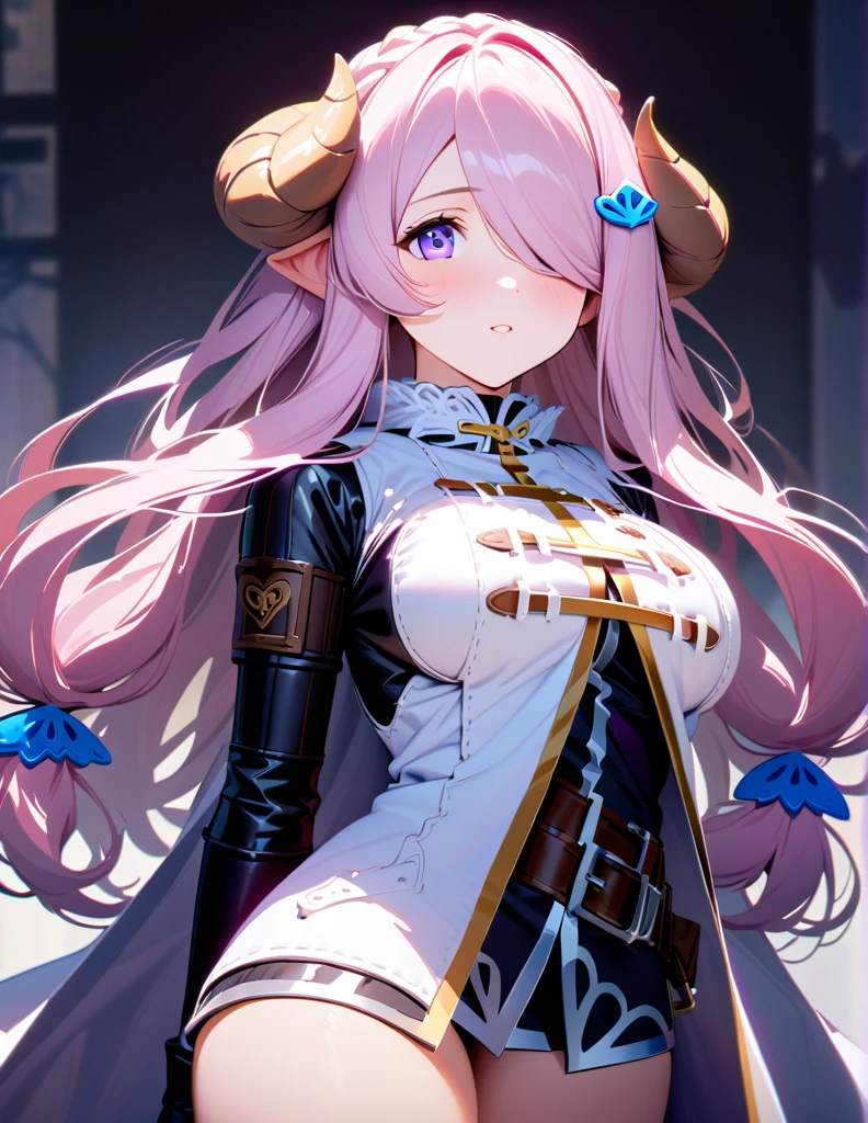 masterpiece, Best Quality, Super Details, 8k, Detail Light, Detailed Shadows, (Genuine: 1.2),, 1 girl, Wearing complicated clothes, Purple eyes, Medium Breast, Narmaya, Portrait , (Cowboy Shot: 1.2), 
