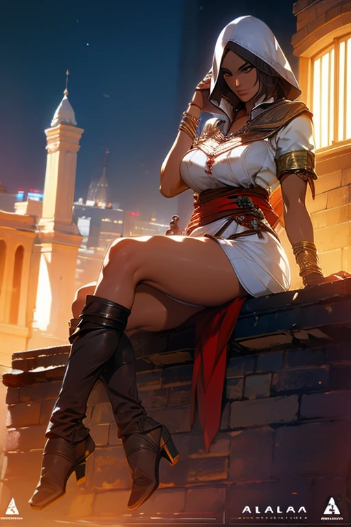 The woman, Стиль Assassin's Creed, Short Egyptian Sleeveless Dress, Little clothes, tattooed body, bare footed, ankle bracelets, on roof, Pyramid in the background, higly detailed, Realistic full-length photography, 4k