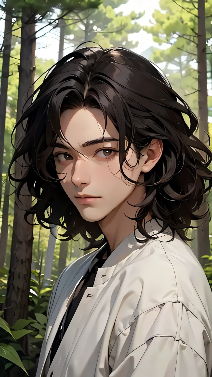 In the sunny forest、Handsome face and curly dark hair、And there&#39;s a young man with big blue eyes。, A thoughtful and attentive look on his handsome face, whole body, Wearing a simple grey shirt and old-fashioned pants