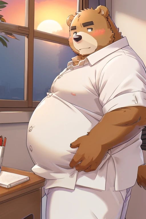 Weight gain、Being overweight、（（male））（（Dog and bear））、fur、Fluffy、cute、blush（（Wearing gakuran））（（teacher、student、School、classroom、Desk and chair、Study、During class)）（（夕方のclassroom、Sunset from the window））（（Having standing doggy style anal sex））