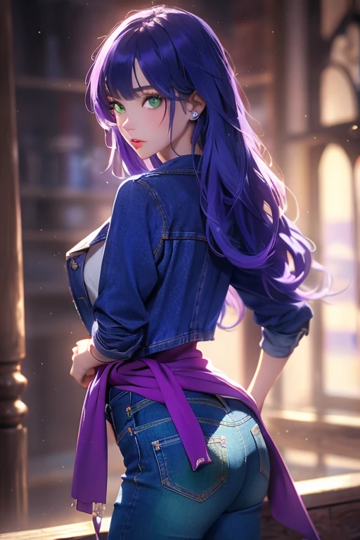     Beautiful light blue hair with a long ponytail and lilac tips. An anime girl wearing a white fir shirt with a long ponytail and a big hairband、A happy and lively character standing on a simple and abstract dark blue background looking back。, close( Perfect Anatomy )

               beautifully、Very fine texture，detailed, bright, High quality animated style presentation