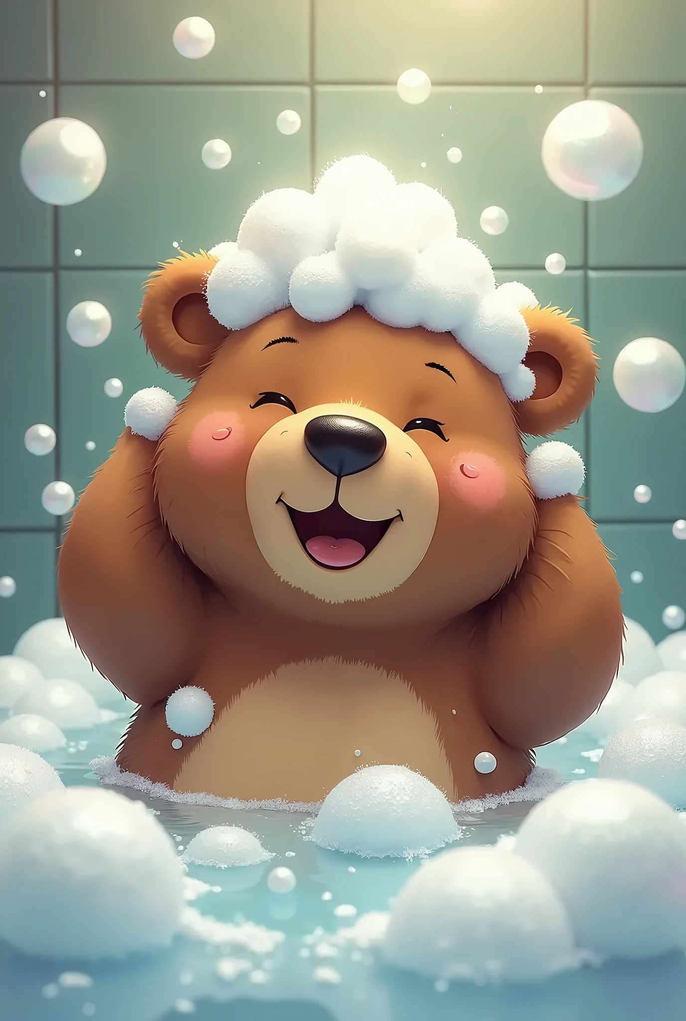 Bear, bathing, bubble bath, washing your head in a hurry, smiling, having fun, splashing, soap bubbles,bubbles in the bathroom, close eyes,You can't see the floor with soap bubbles