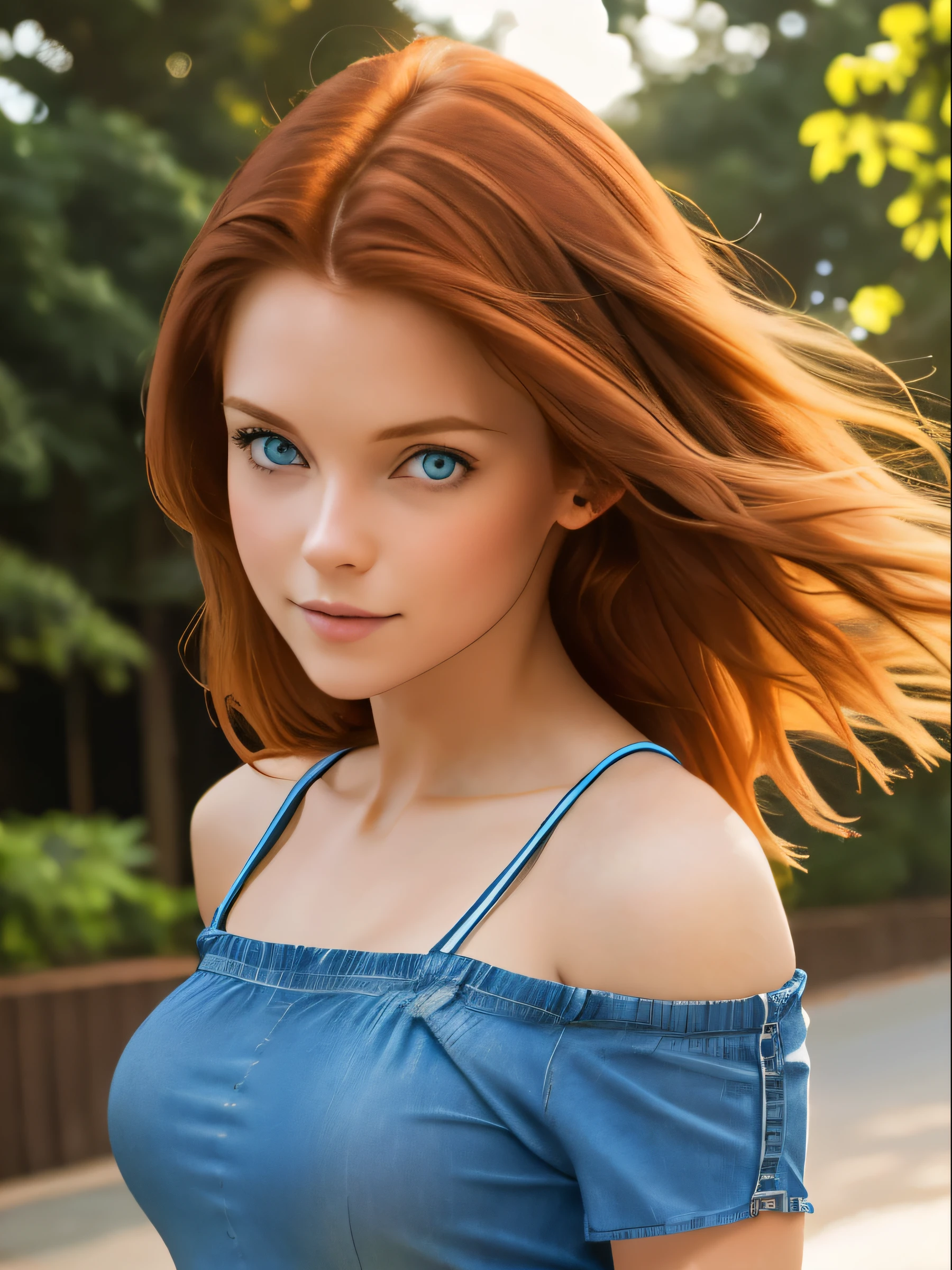 sexy young girl, long haired redhead with blue eyes, Short crop top off-the-shoulder shirt, bright blue short jean shorts, short brown boots with white, standing, recharged, close up kiss lean over
