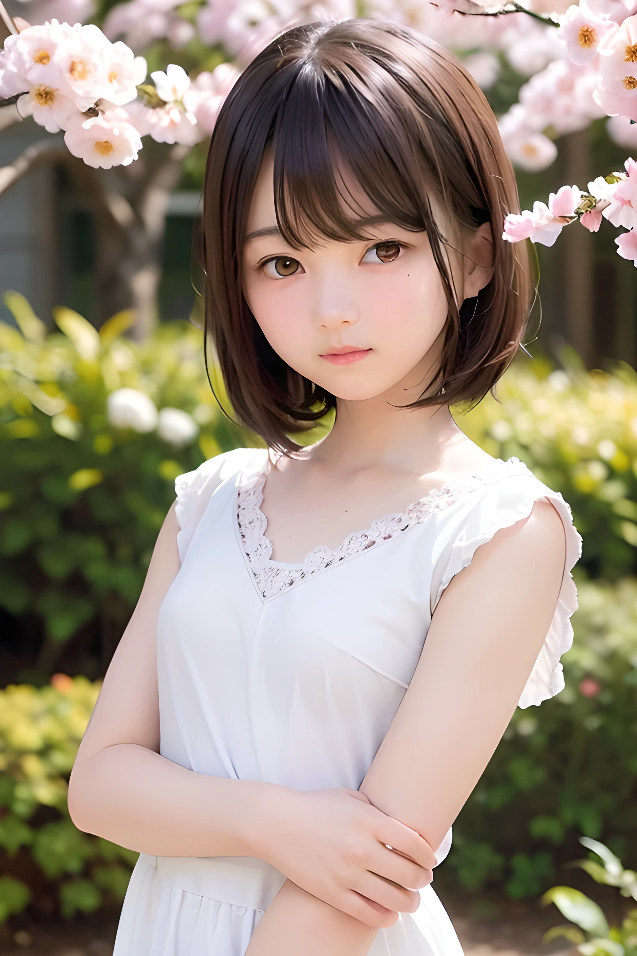 highest quality, High resolution, Realistic photo, Detailed skin texture, (A cute old Japanese girl is wearing a lace white camisole), (Flat Chest:1.5), To the camera, Slim figure, Fair skin, View your viewers, Focus on the face, short cut hairstyle, In the park with cherry blossoms falling, (loli:1
